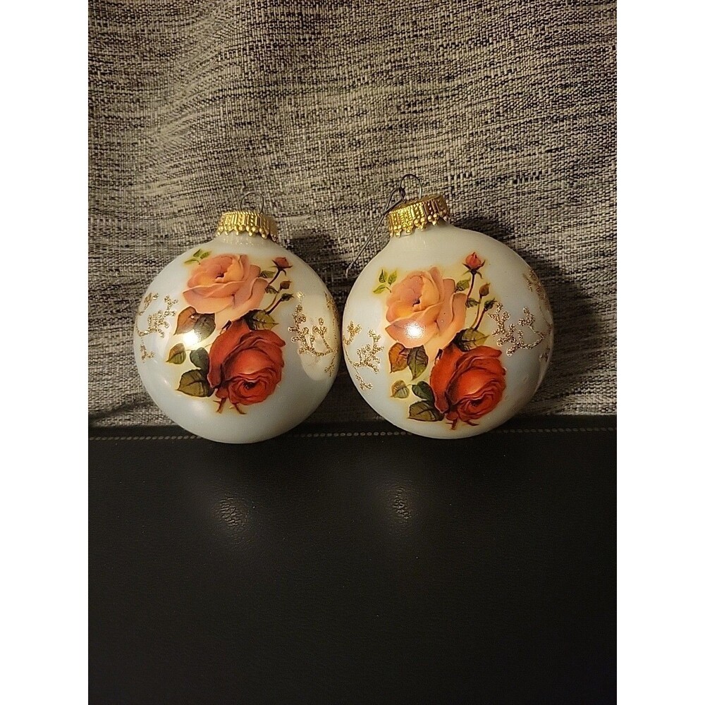 2 - VINTAGE KREBS CHRISTMAS  GLASS ORNAMENT ROSES GOLD GLITTER FLORAL SWIRLS